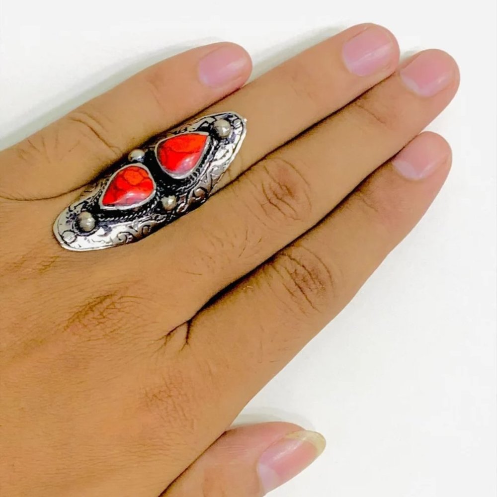 Kuchi Dual Red Stone Ring: Tribal Ethnic Bohemian Jewelry - Picture 1 of 8